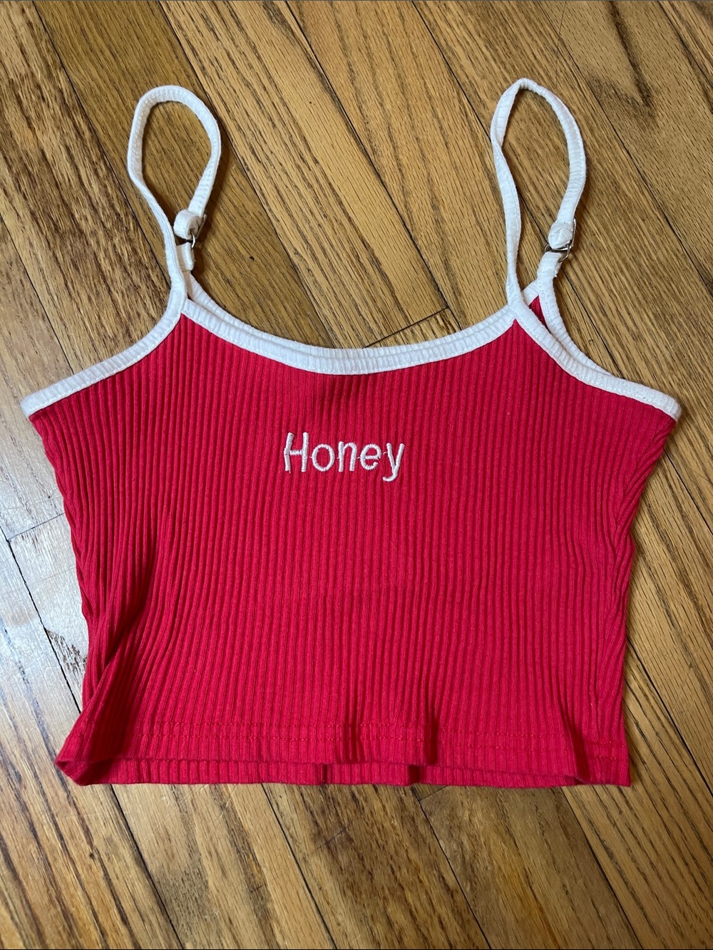 Red 'Honey' Ribbed Cropped Tank Top with White Trim